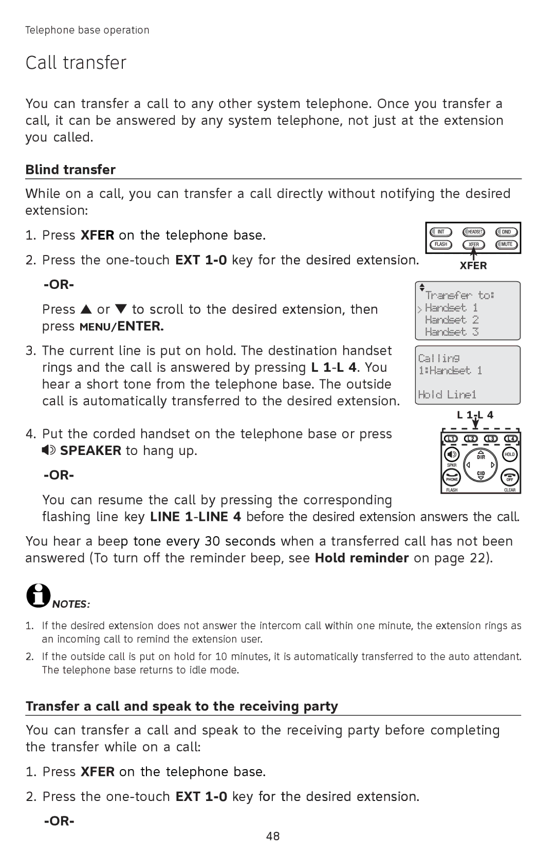 AT&T SB67118 user manual Call transfer, Blind transfer, Press the one-touchEXT 1-0 key for the desired extension 