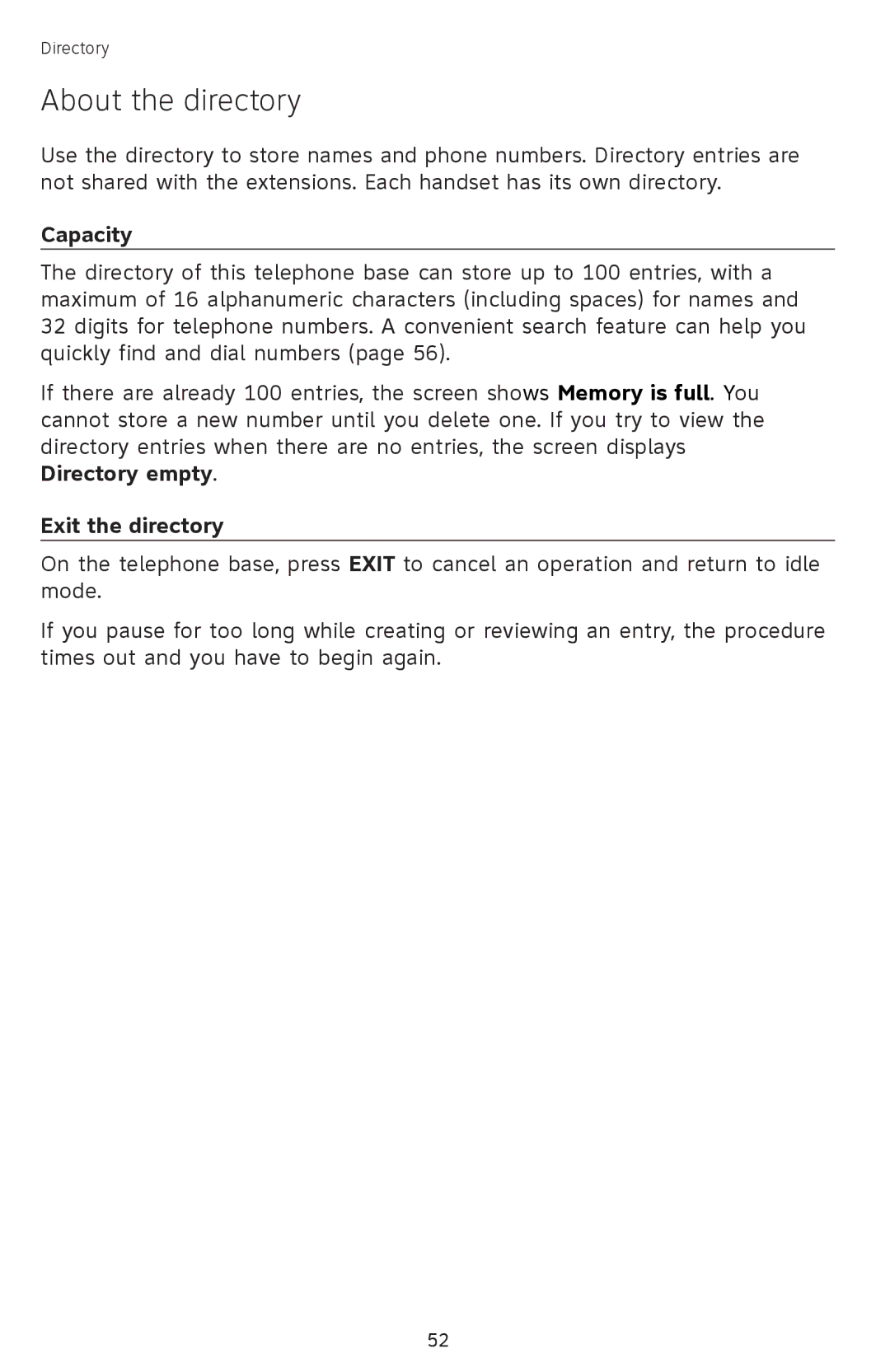 AT&T SB67118 user manual About the directory, Capacity, Exit the directory 