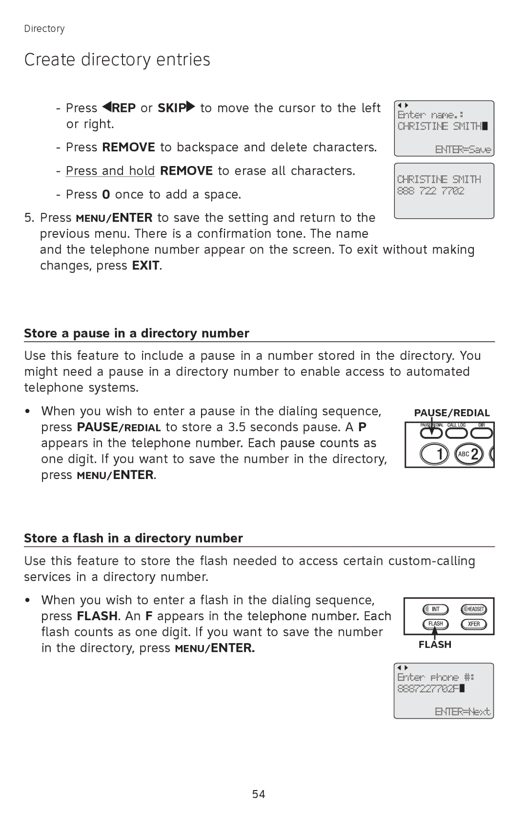 AT&T SB67118 user manual Store a pause in a directory number, Store a flash in a directory number 