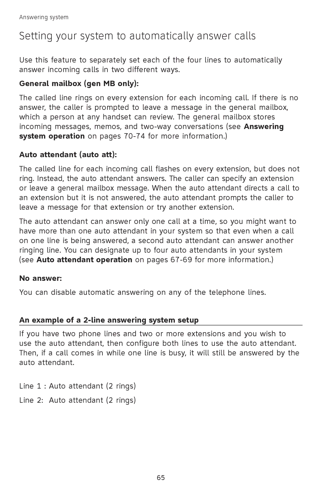 AT&T SB67118 Setting your system to automatically answer calls, General mailbox gen MB only, Auto attendant auto att 