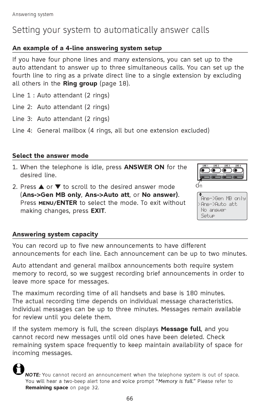 AT&T SB67118 user manual An example of a 4-line answering system setup, Select the answer mode, Answering system capacity 