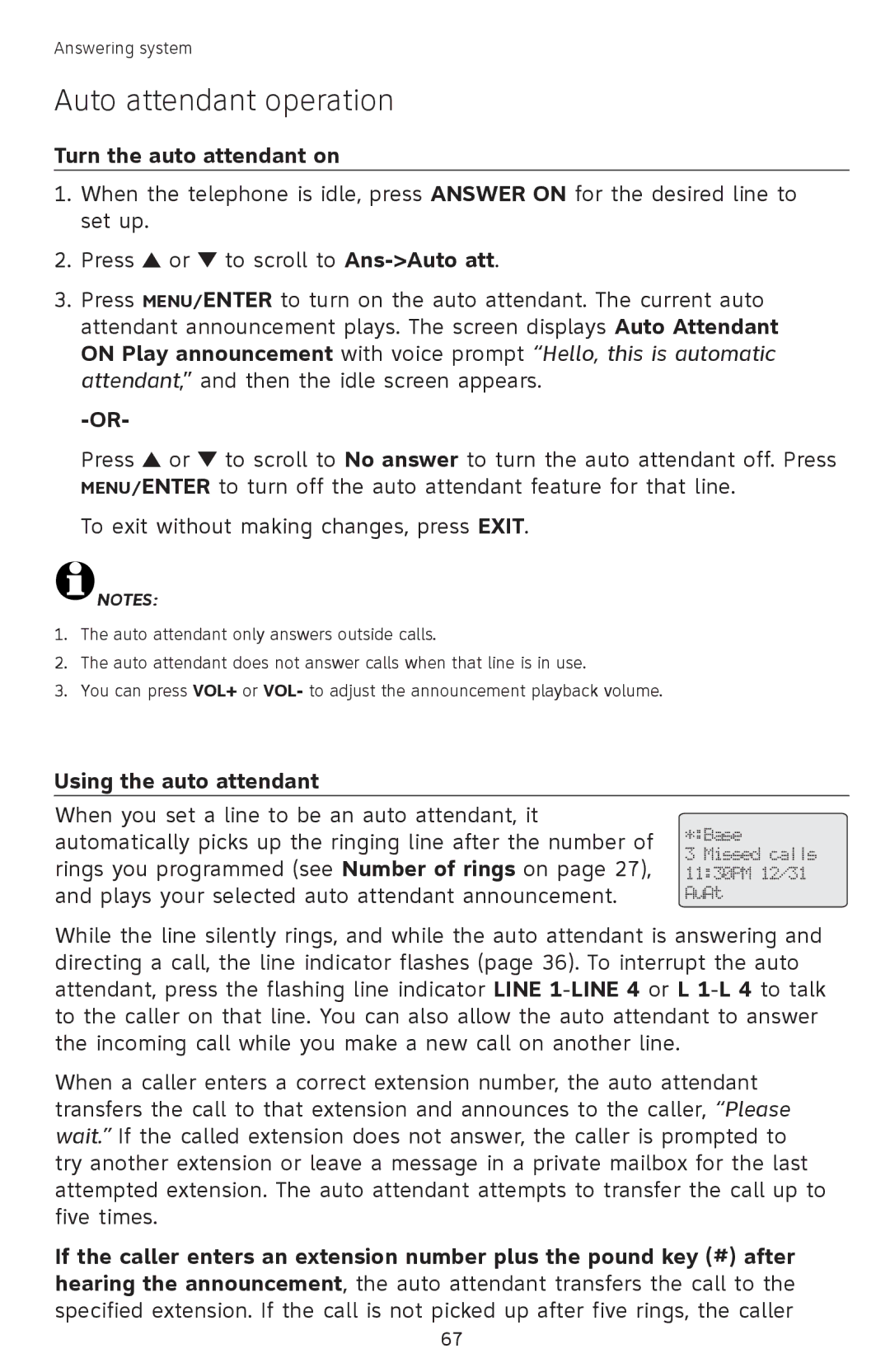 AT&T SB67118 user manual Auto attendant operation, Turn the auto attendant on, Using the auto attendant 