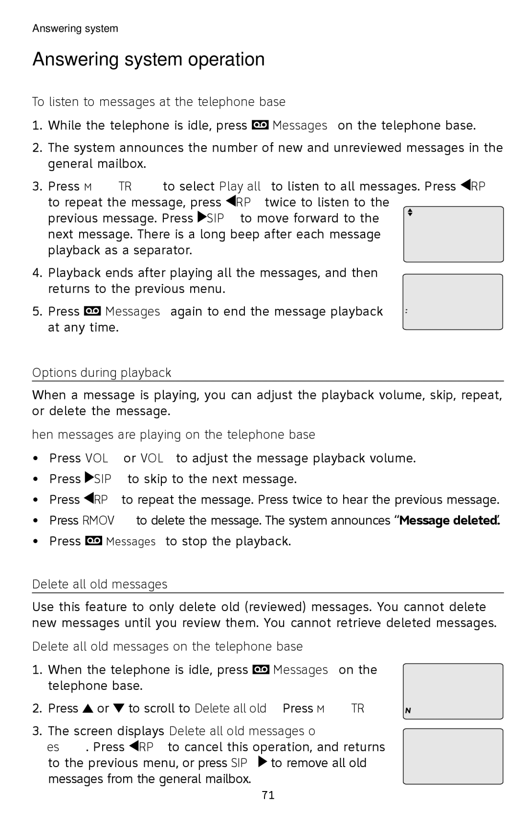 AT&T SB67118 user manual To listen to messages at the telephone base, Options during playback, Delete all old messages 