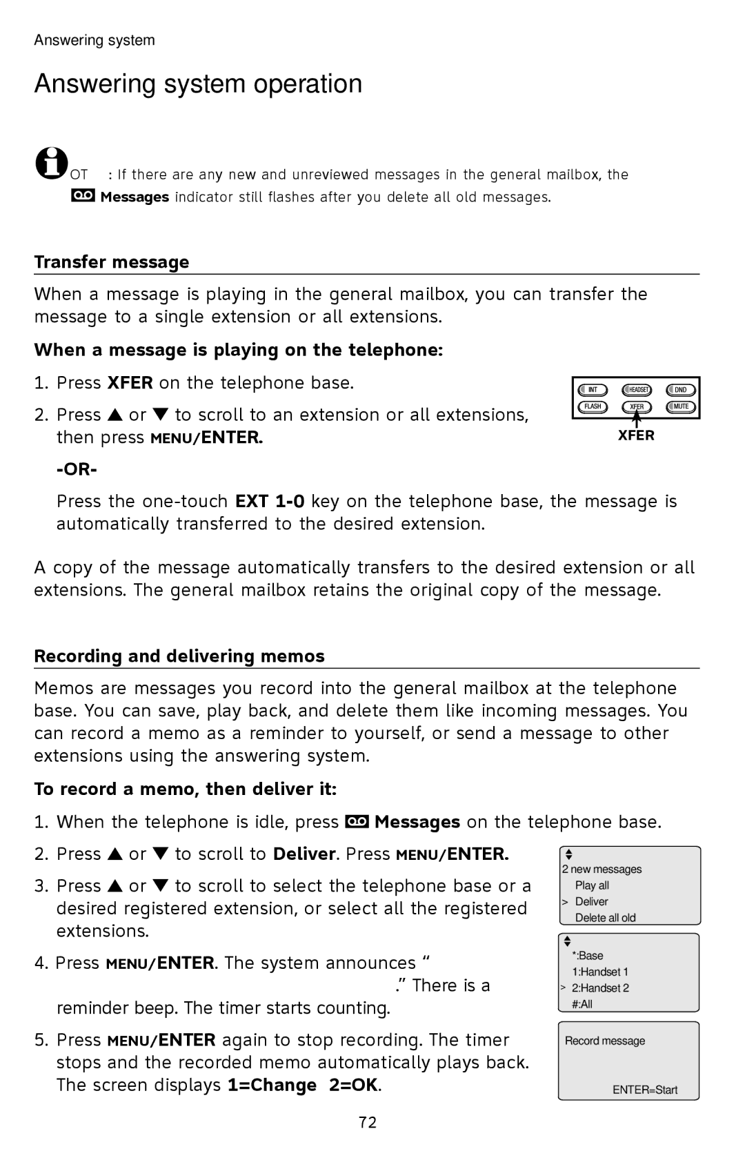 AT&T SB67118 user manual Transfer message, When a message is playing on the telephone, Recording and delivering memos 