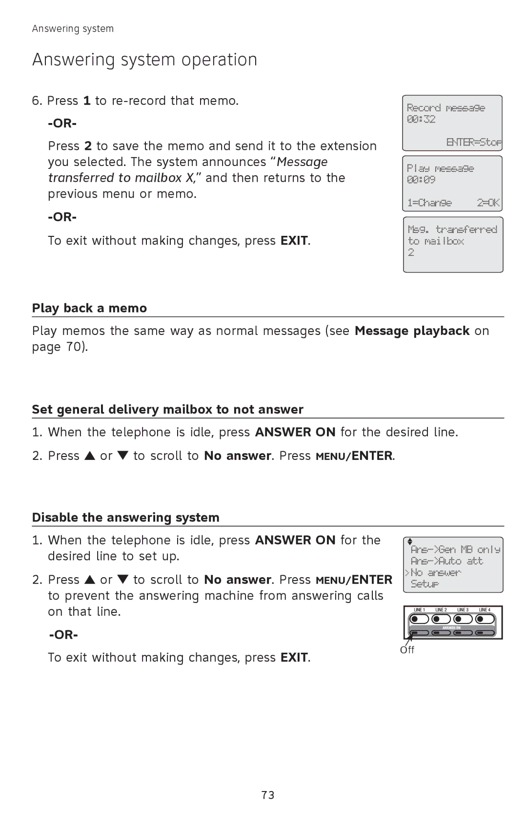 AT&T SB67118 user manual Play back a memo, Set general delivery mailbox to not answer, Disable the answering system 