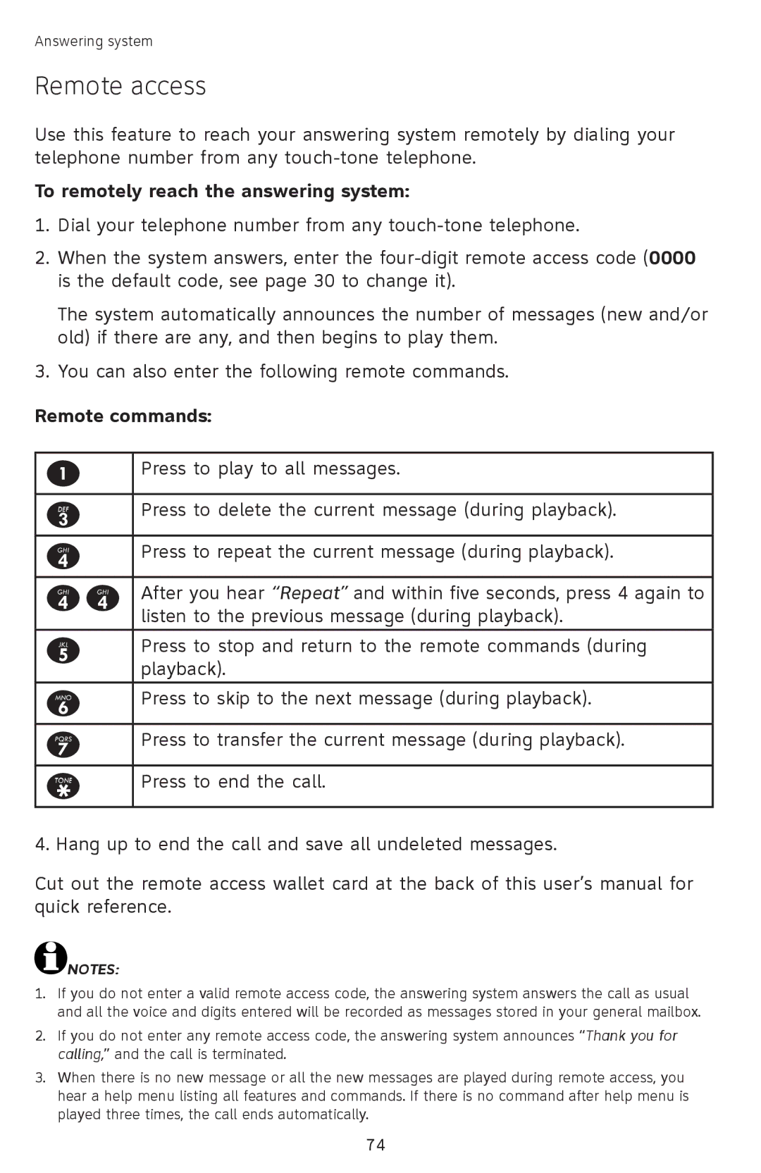 AT&T SB67118 user manual Remote access, To remotely reach the answering system, Remote commands 