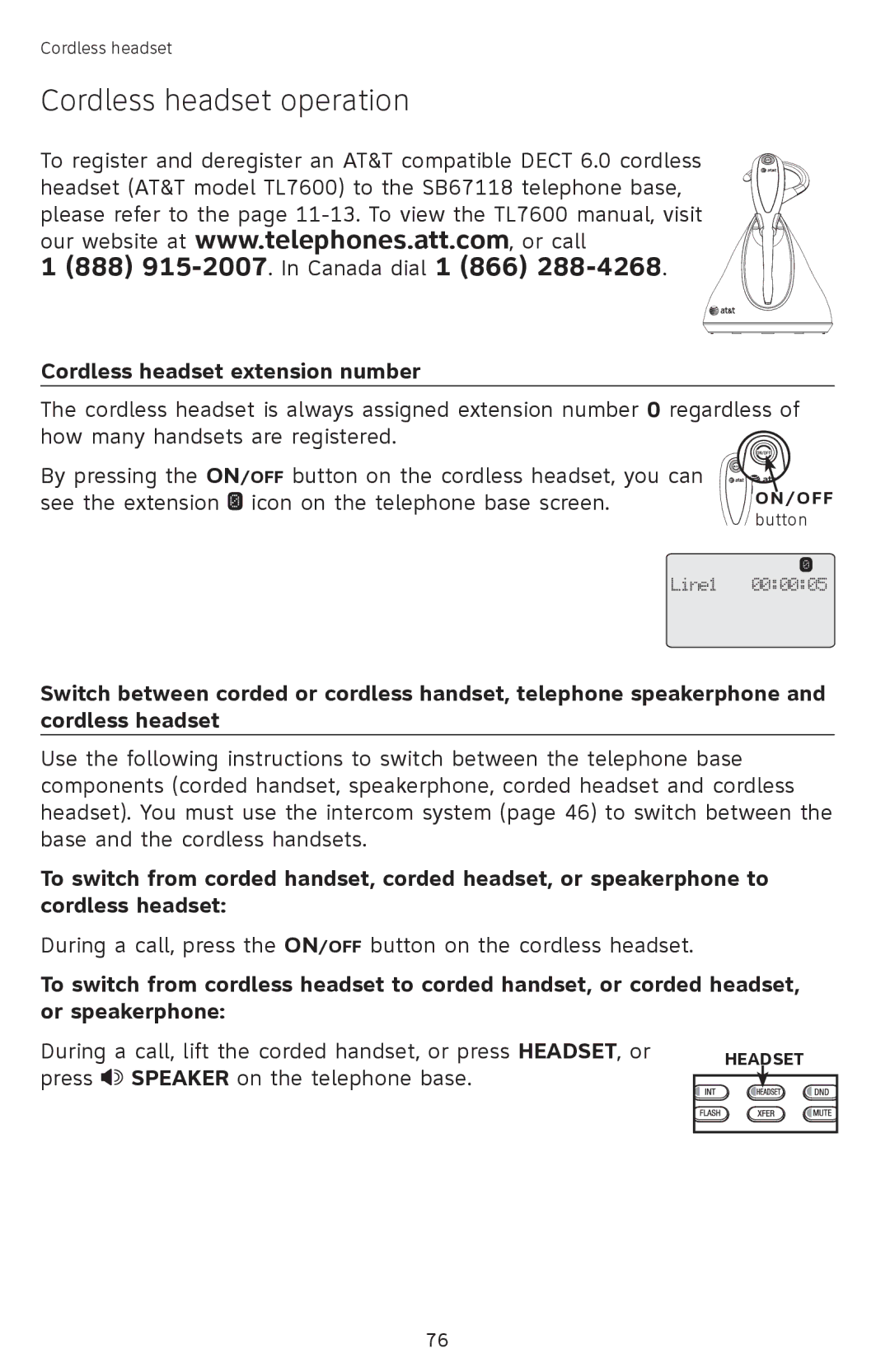 AT&T SB67118 user manual Cordless headset operation, Cordless headset extension number 