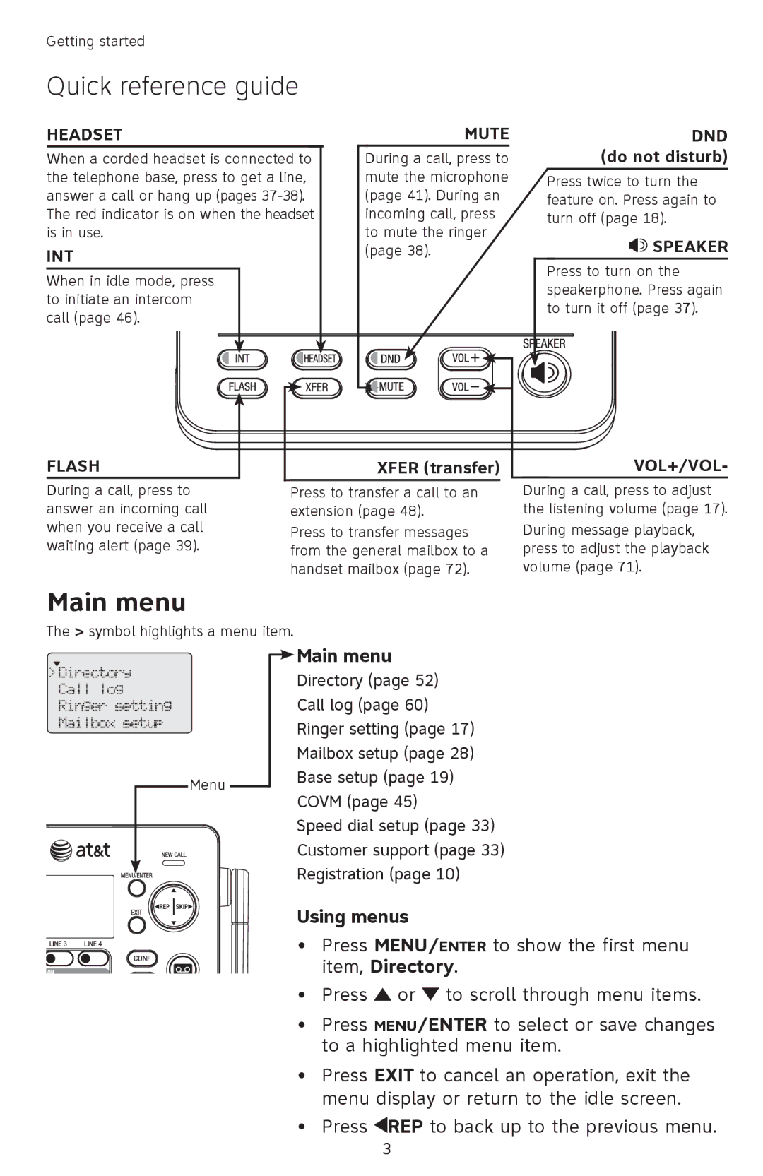 AT&T SB67118 user manual Main menu, Using menus 