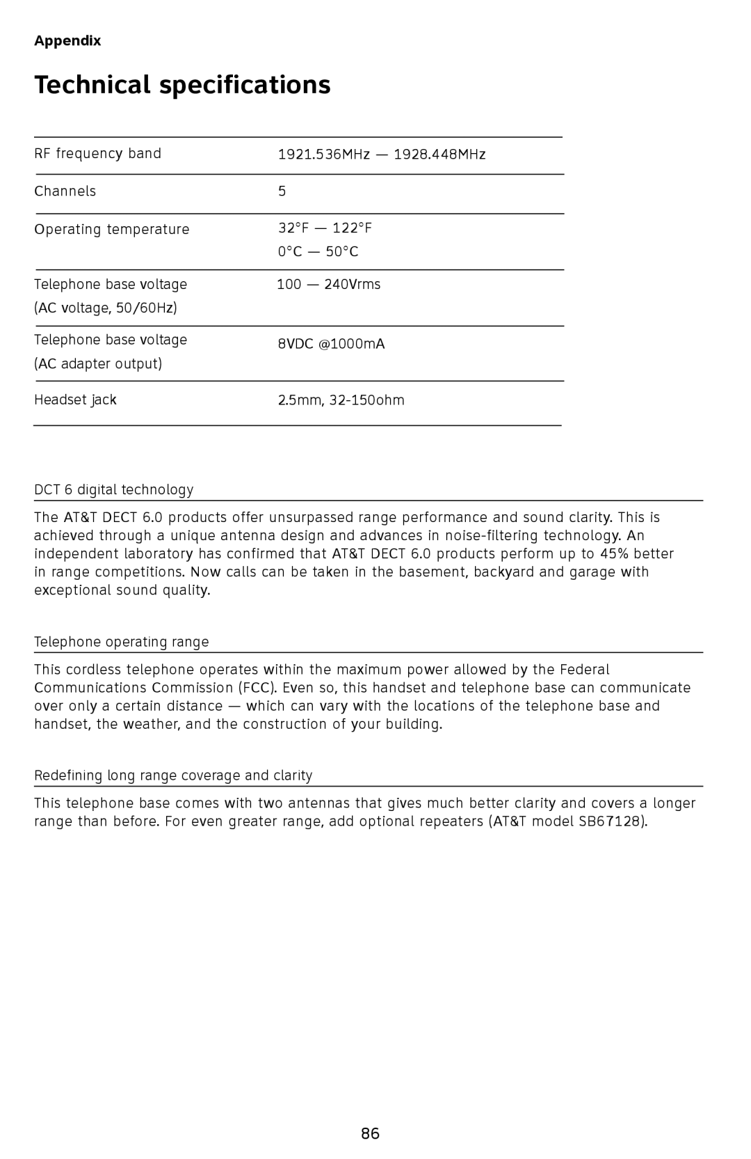 AT&T SB67118 user manual Technical specifications, Dect 6.0 digital technology 