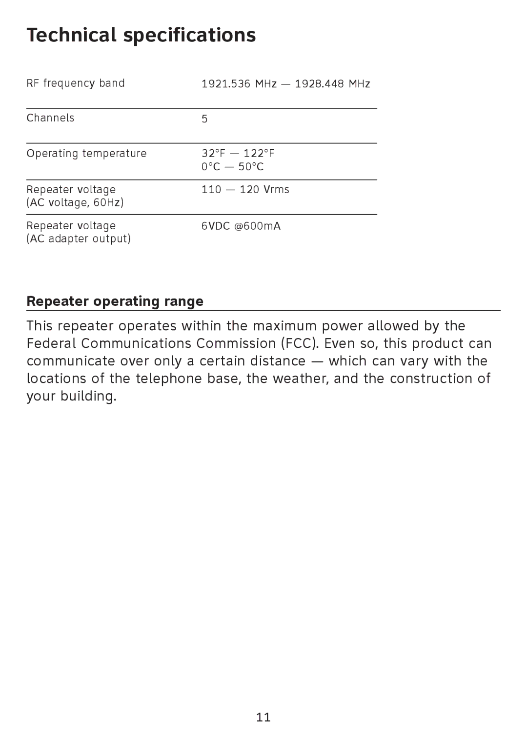 AT&T SB67128 user manual Technical specifications, Repeater operating range 