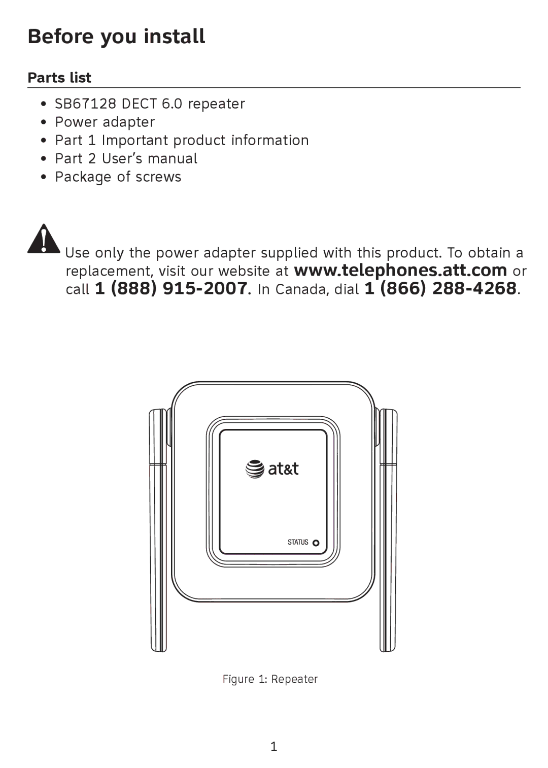 AT&T SB67128 user manual Before you install, Parts list 