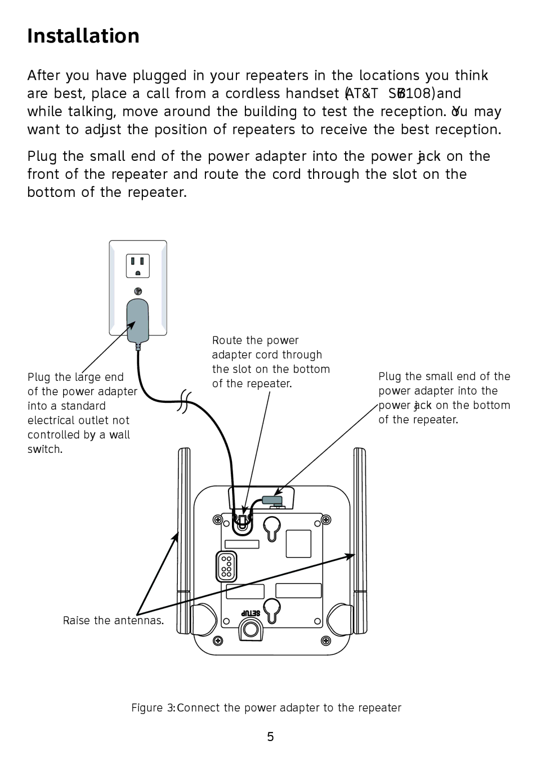 AT&T SB67128 user manual Installation, Connect the power adapter to the repeater 