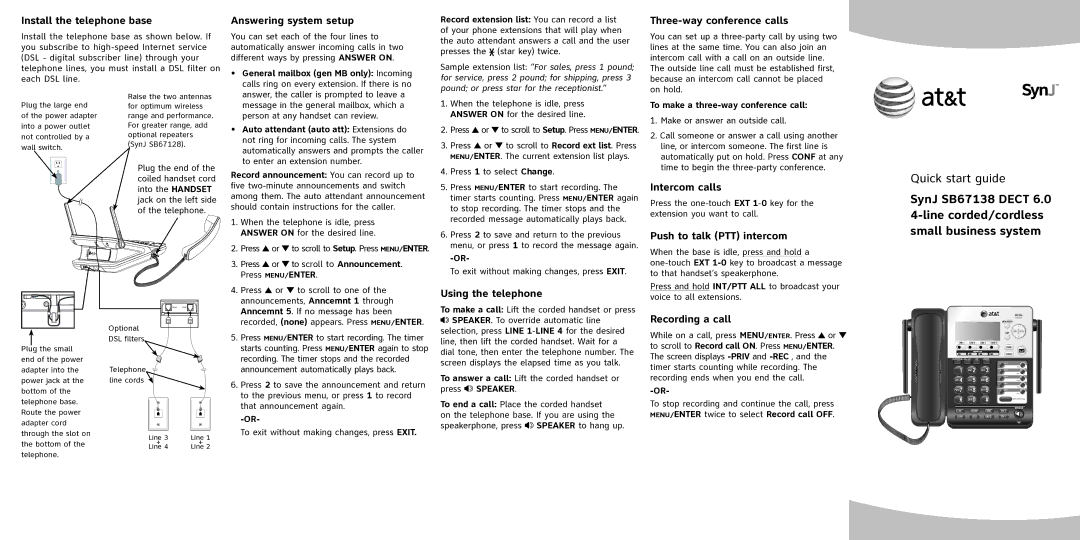 AT&T SB67138 quick start Install the telephone base, Answering system setup, Three-way conference calls, Intercom calls 