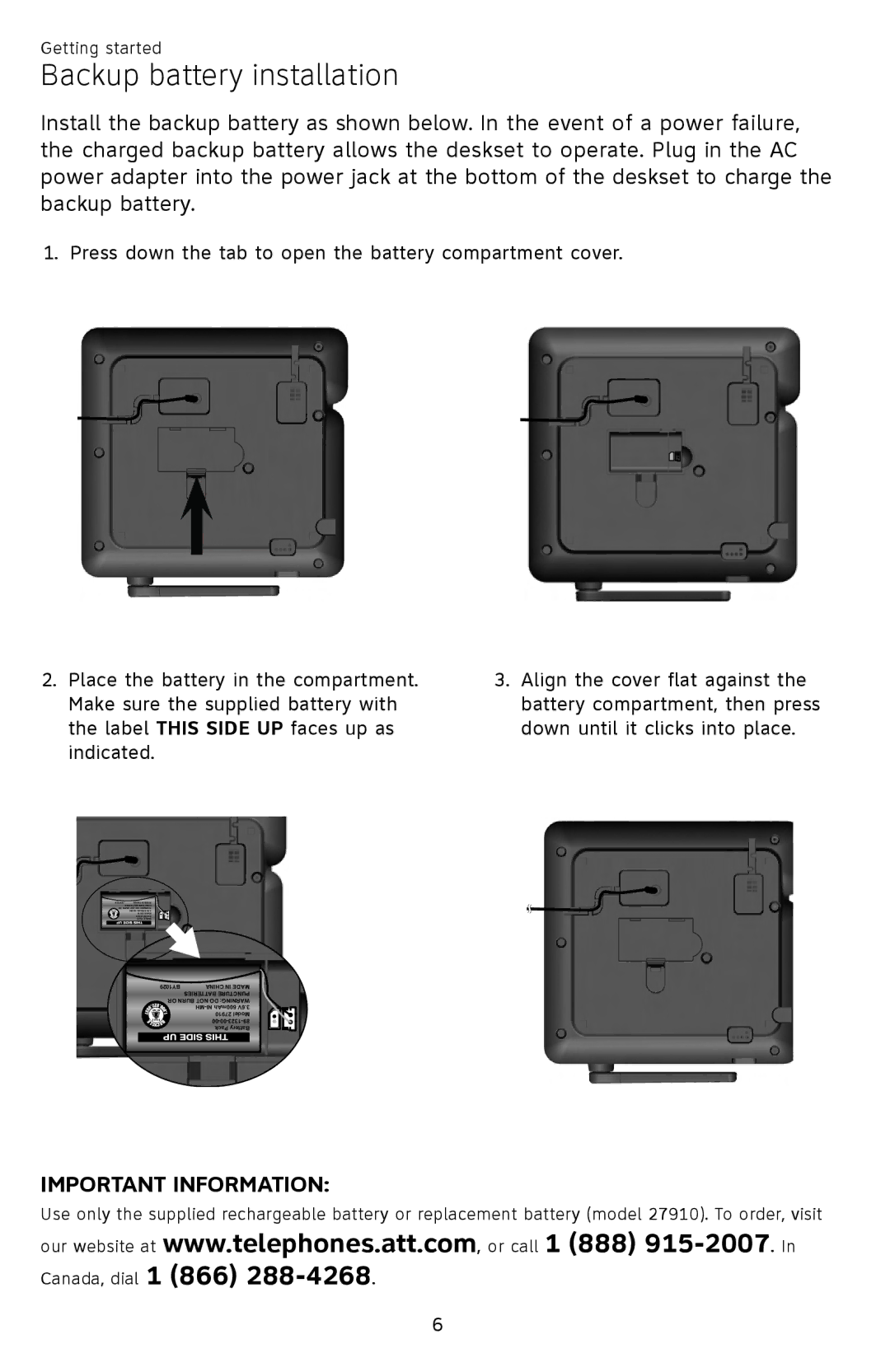 AT&T SB67148 user manual Backup battery installation 