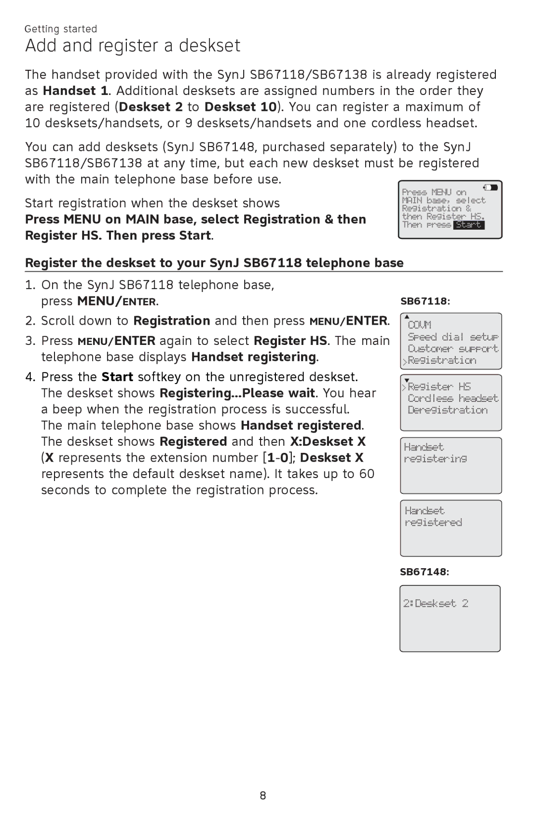 AT&T SB67148 user manual Add and register a deskset, Register the deskset to your SynJ SB67118 telephone base 