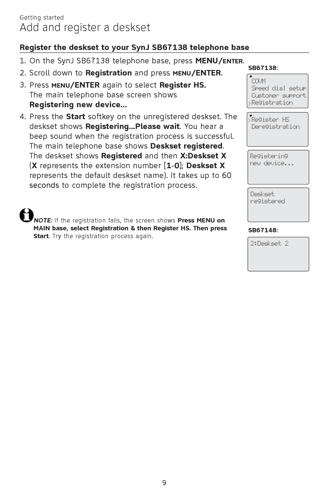 AT&T SB67148 user manual Register the deskset to your SynJ SB67138 telephone base, Registering new device 