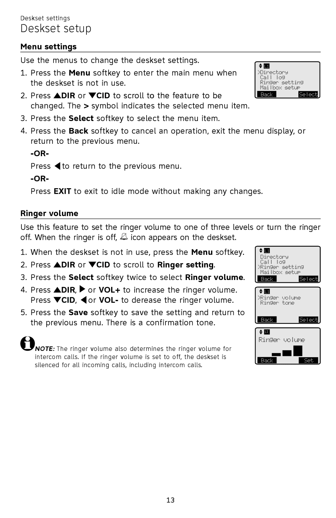 AT&T SB67148 user manual Deskset setup, Menu settings, Ringer volume 