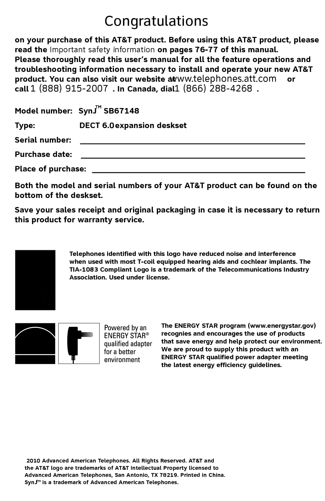 AT&T SB67148 user manual Congratulations 