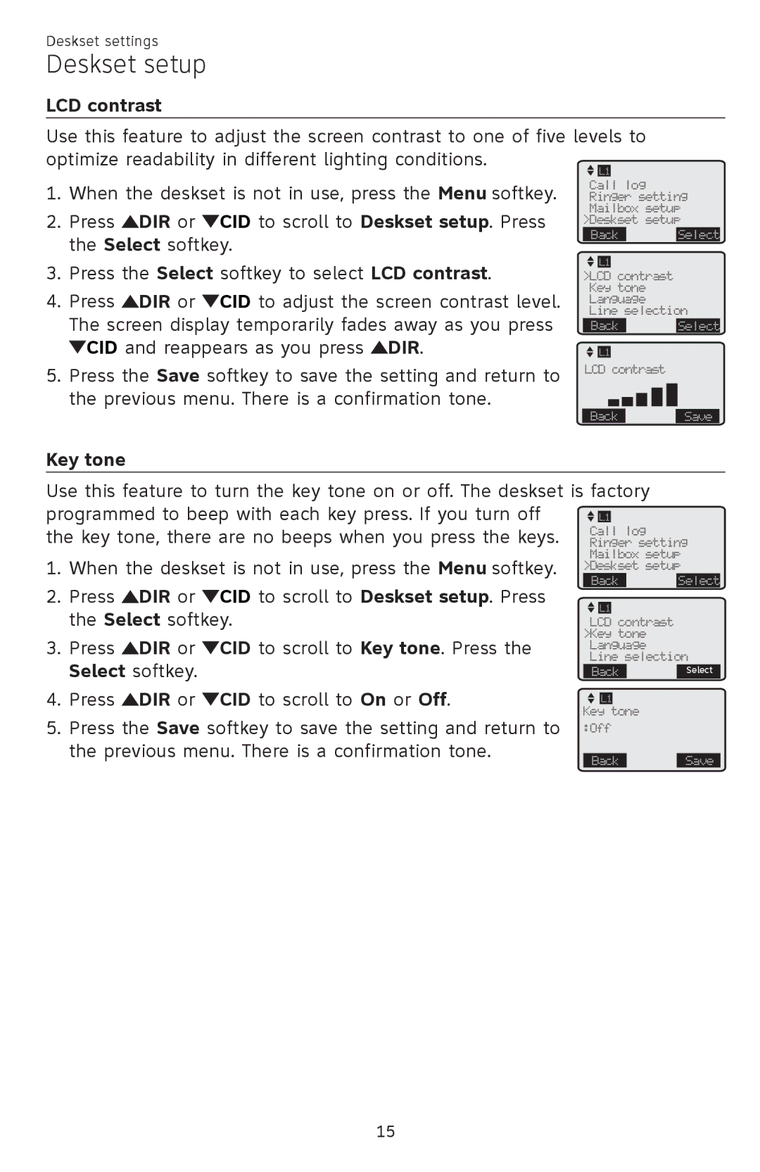 AT&T SB67148 user manual LCD contrast, Key tone 