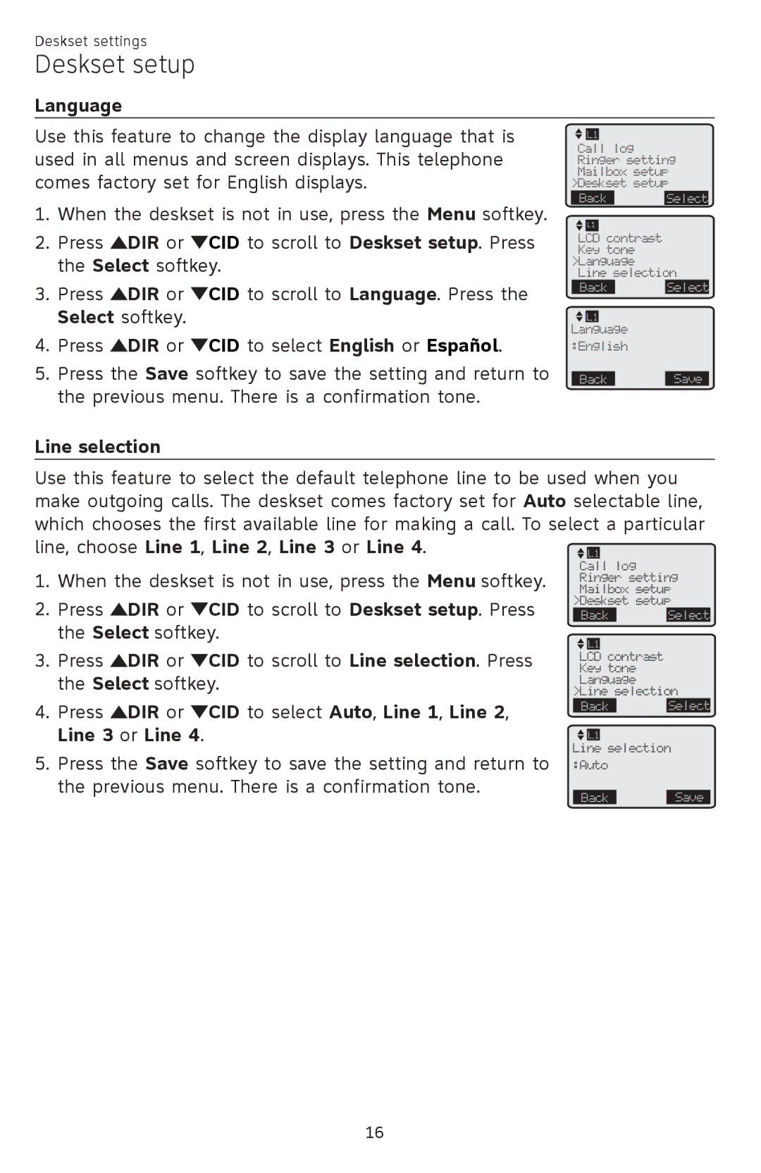 AT&T SB67148 user manual Language, Line selection, Line, choose Line 1, Line 2, Line 3 or Line 