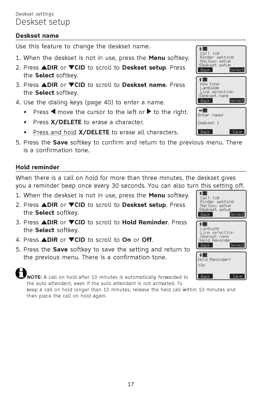 AT&T SB67148 user manual Deskset name, Hold reminder 