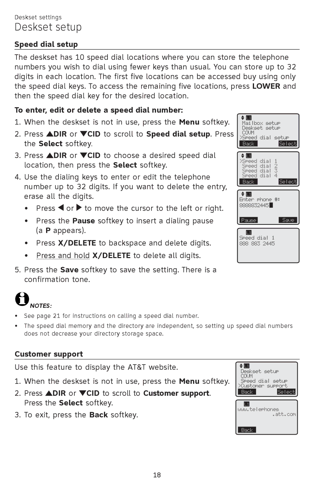 AT&T SB67148 user manual Speed dial setup, To enter, edit or delete a speed dial number, Customer support 