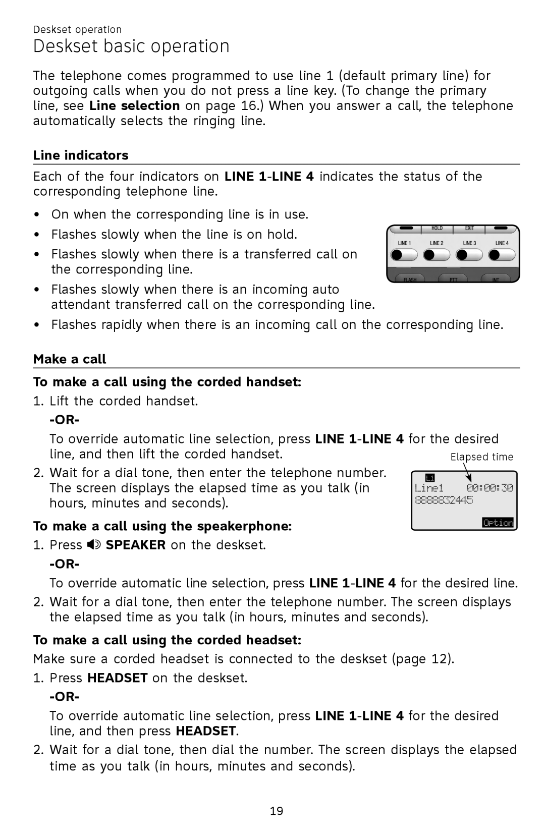 AT&T SB67148 user manual Deskset basic operation, Line indicators, Make a call To make a call using the corded handset 