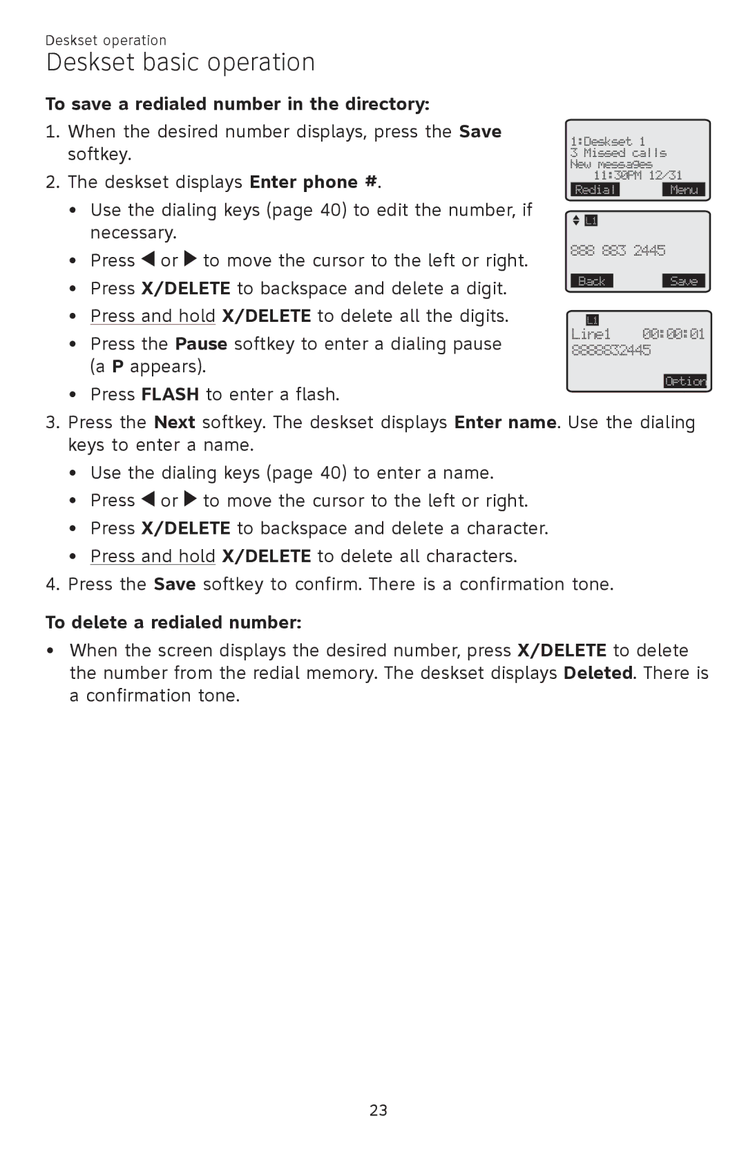 AT&T SB67148 user manual To save a redialed number in the directory, To delete a redialed number 