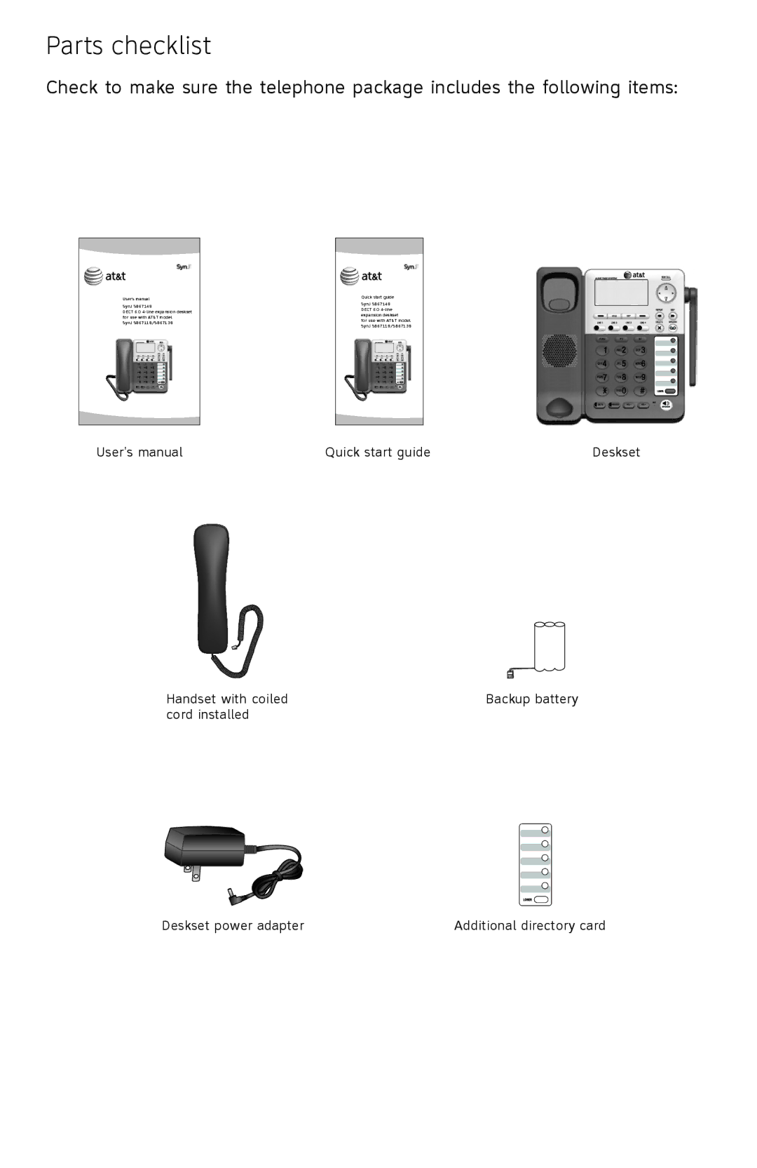 AT&T SB67148 user manual Parts checklist 