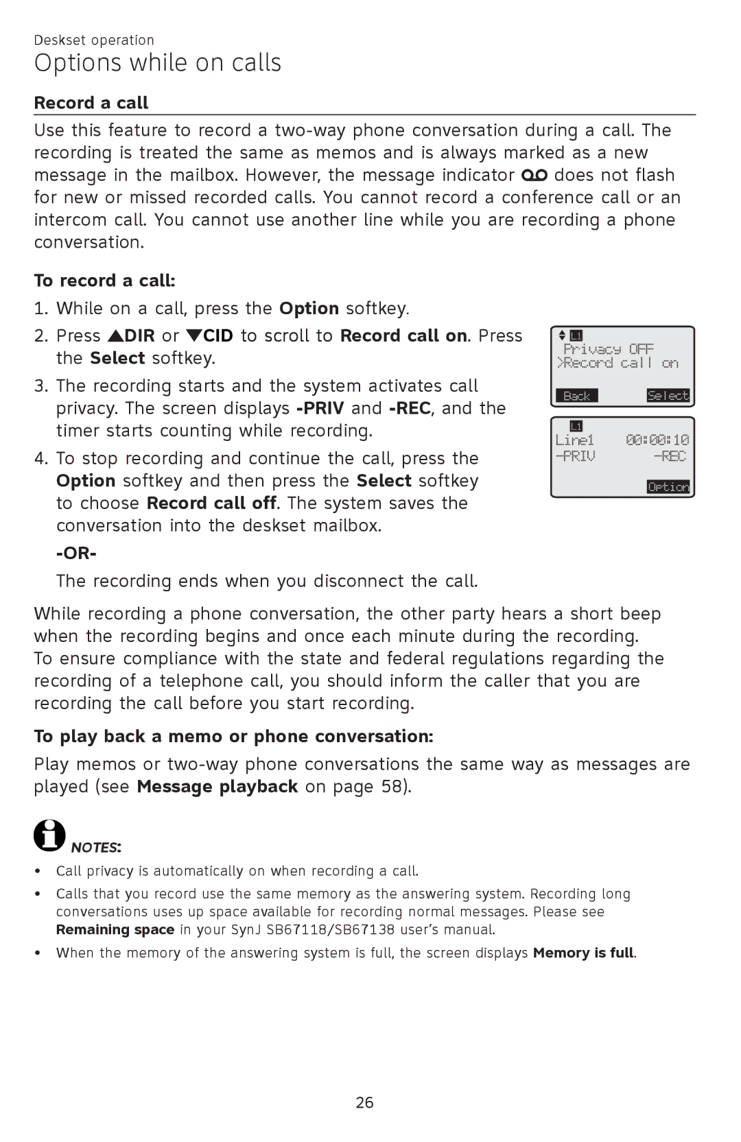 AT&T SB67148 user manual Record a call, To record a call, To play back a memo or phone conversation 