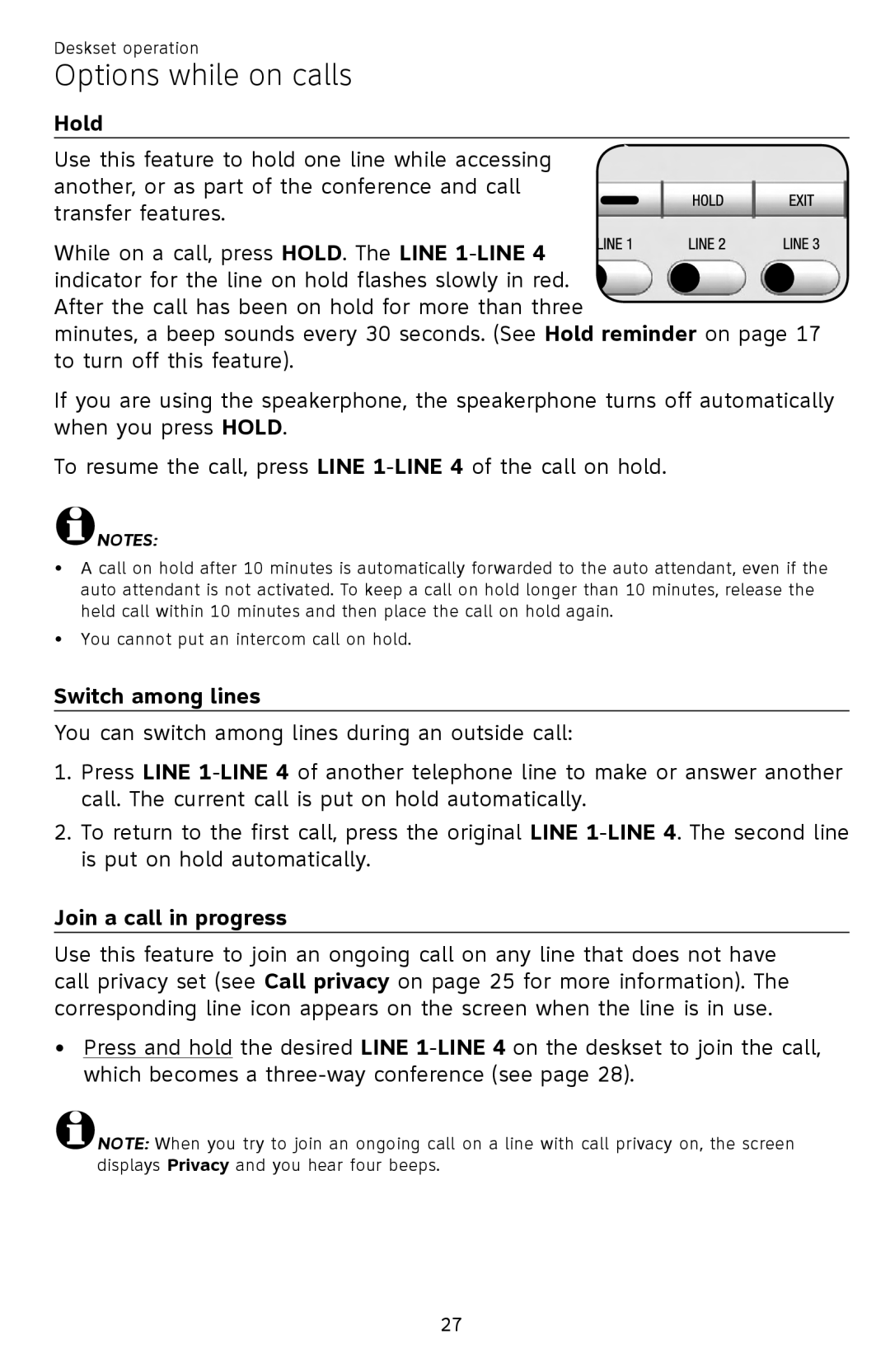 AT&T SB67148 user manual Hold, Switch among lines, Join a call in progress 