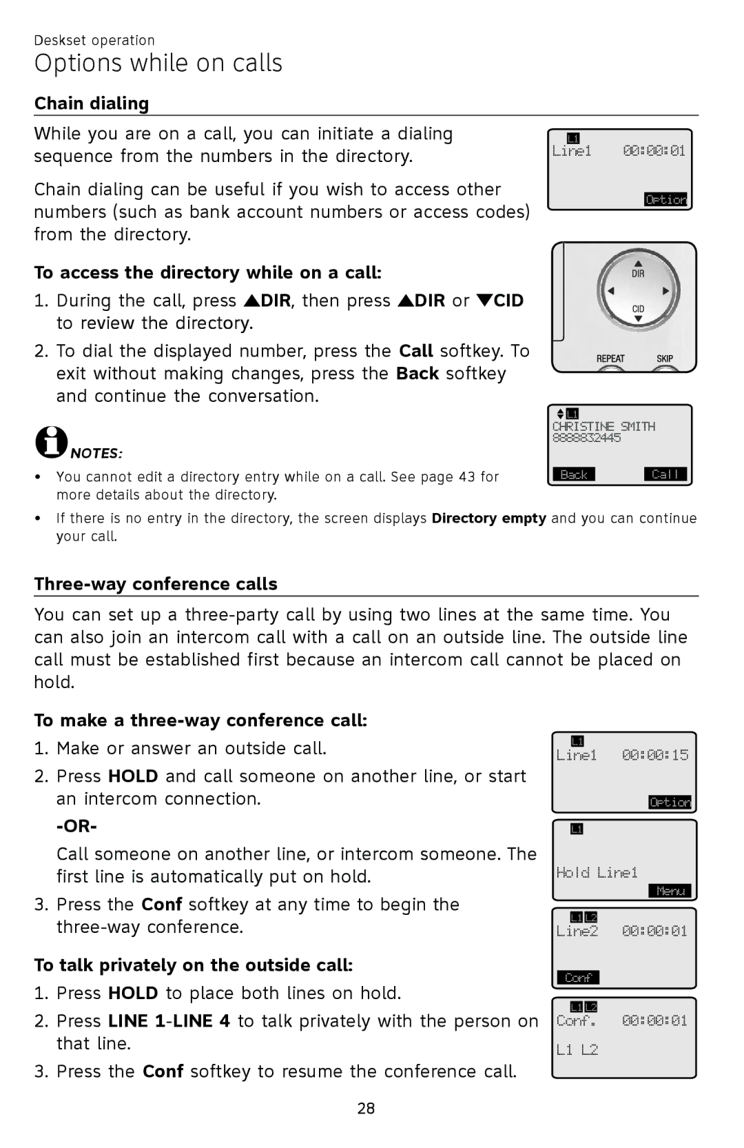 AT&T SB67148 user manual Chain dialing, To access the directory while on a call, Three-way conference calls 