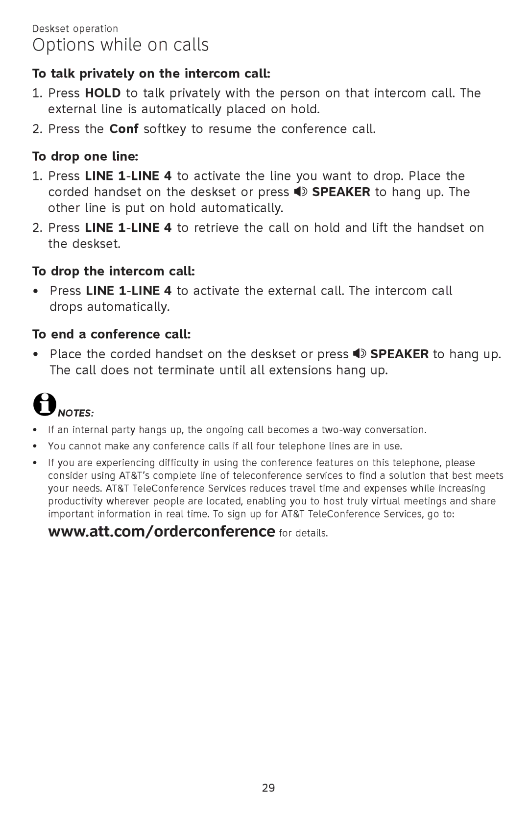 AT&T SB67148 To talk privately on the intercom call, To drop one line, To drop the intercom call, To end a conference call 