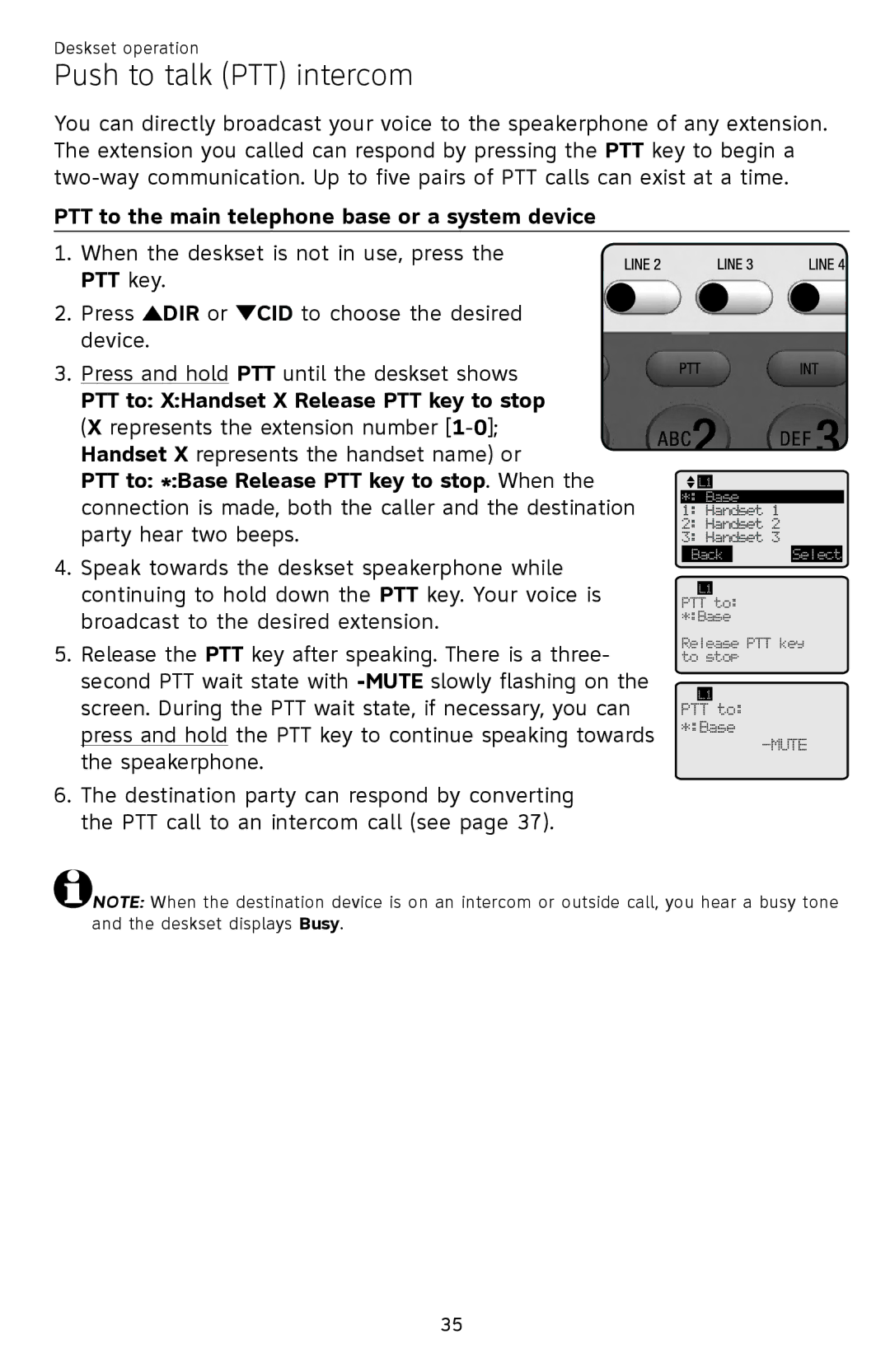 AT&T SB67148 user manual Push to talk PTT intercom, PTT to the main telephone base or a system device 