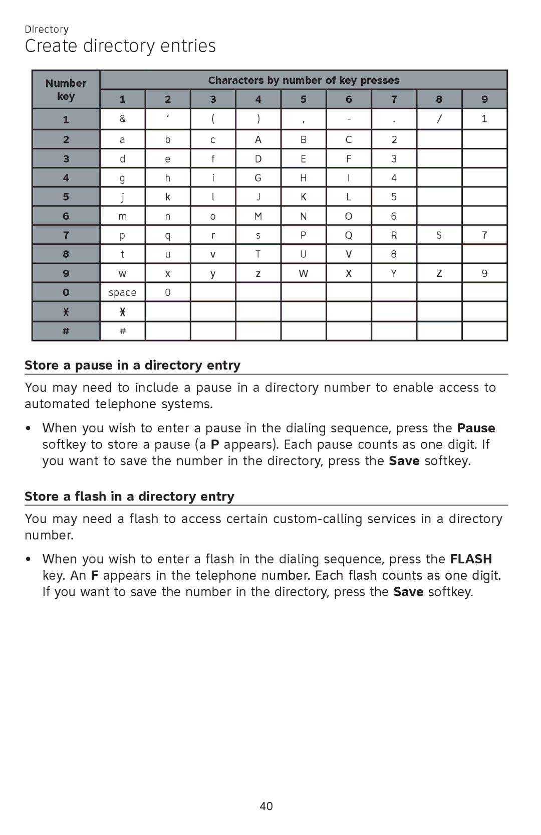 AT&T SB67148 user manual Store a pause in a directory entry, Store a flash in a directory entry, Number, Key 