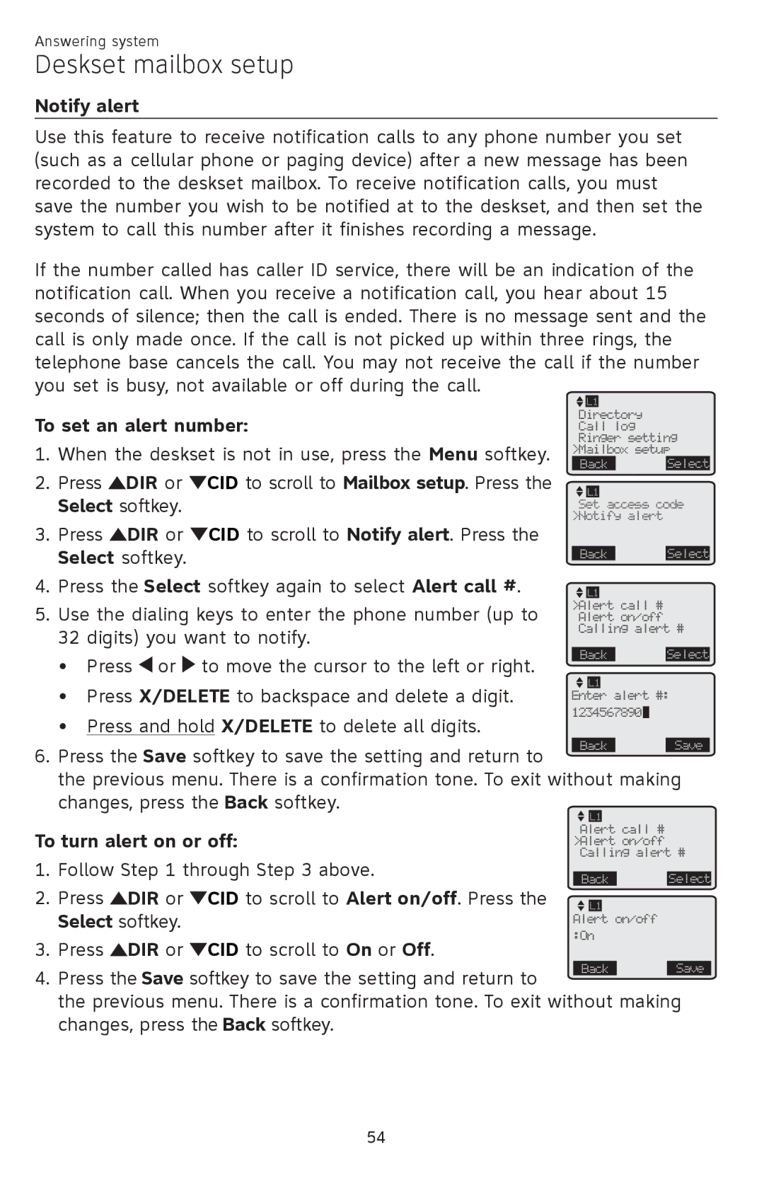 AT&T SB67148 user manual Notify alert, To set an alert number, To turn alert on or off 