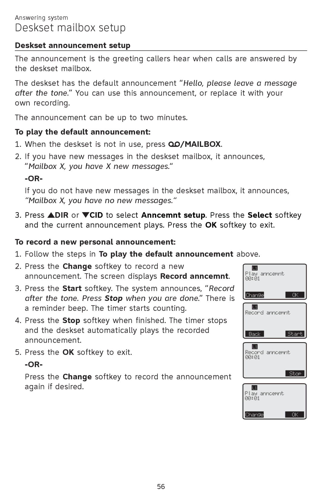 AT&T SB67148 user manual Deskset announcement setup, To play the default announcement 