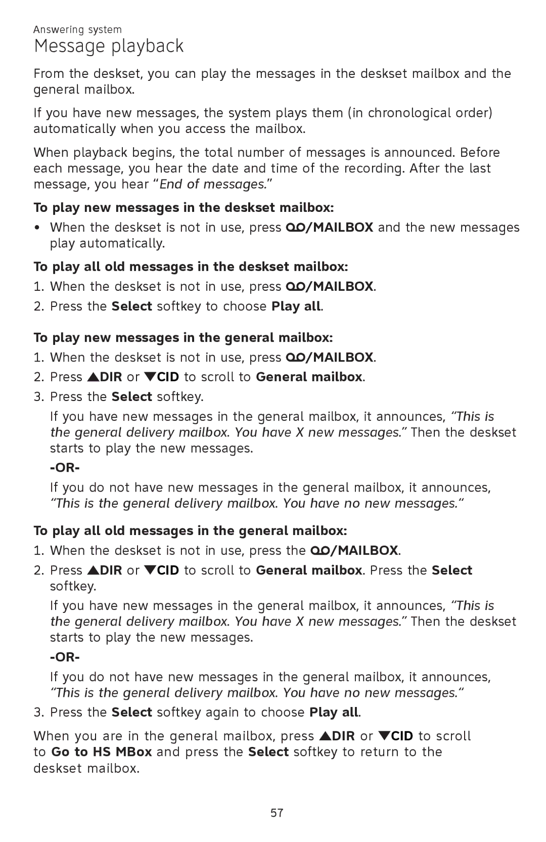 AT&T SB67148 Message playback, To play new messages in the deskset mailbox, To play new messages in the general mailbox 