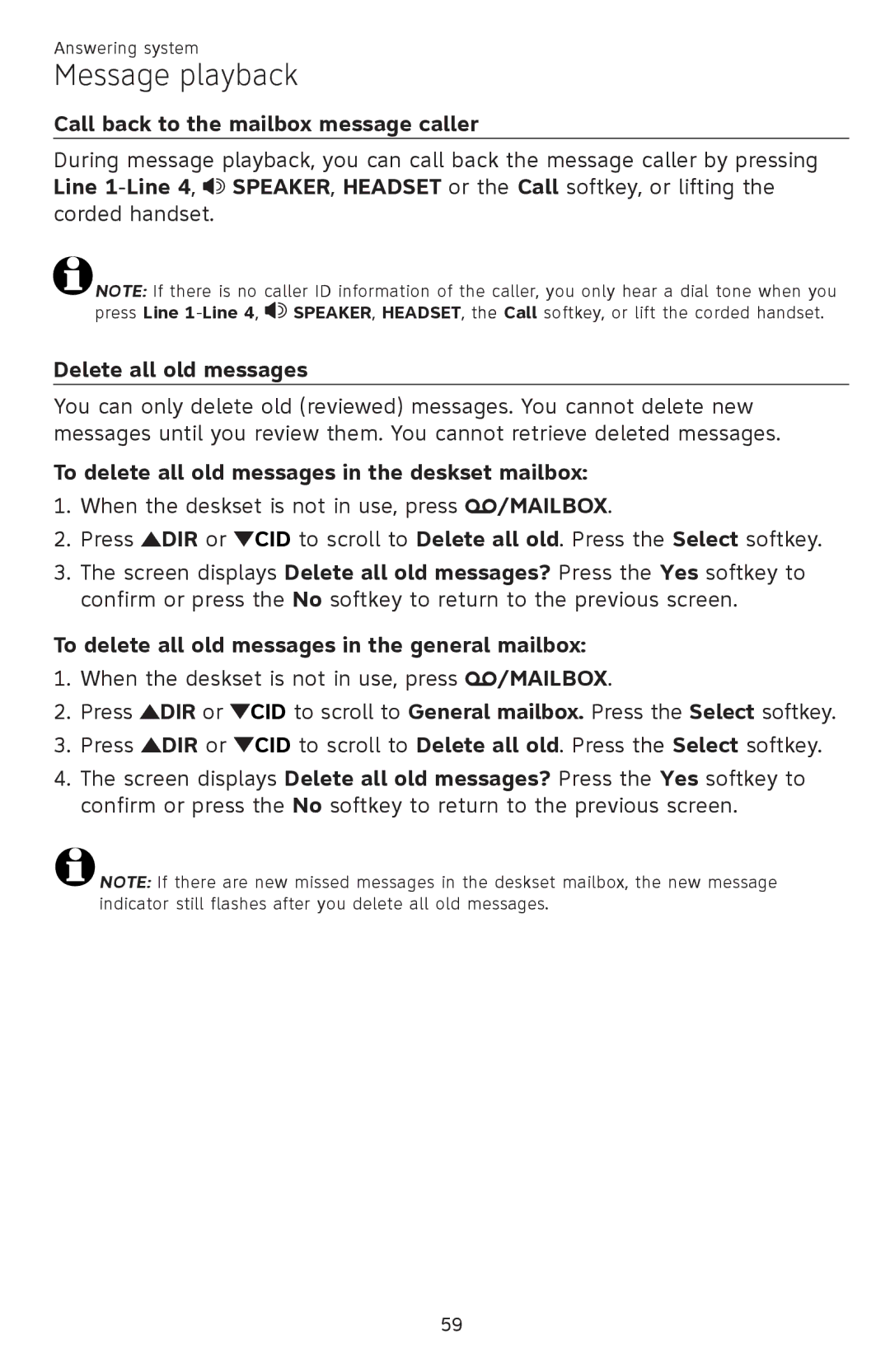 AT&T SB67148 user manual Call back to the mailbox message caller, Delete all old messages 