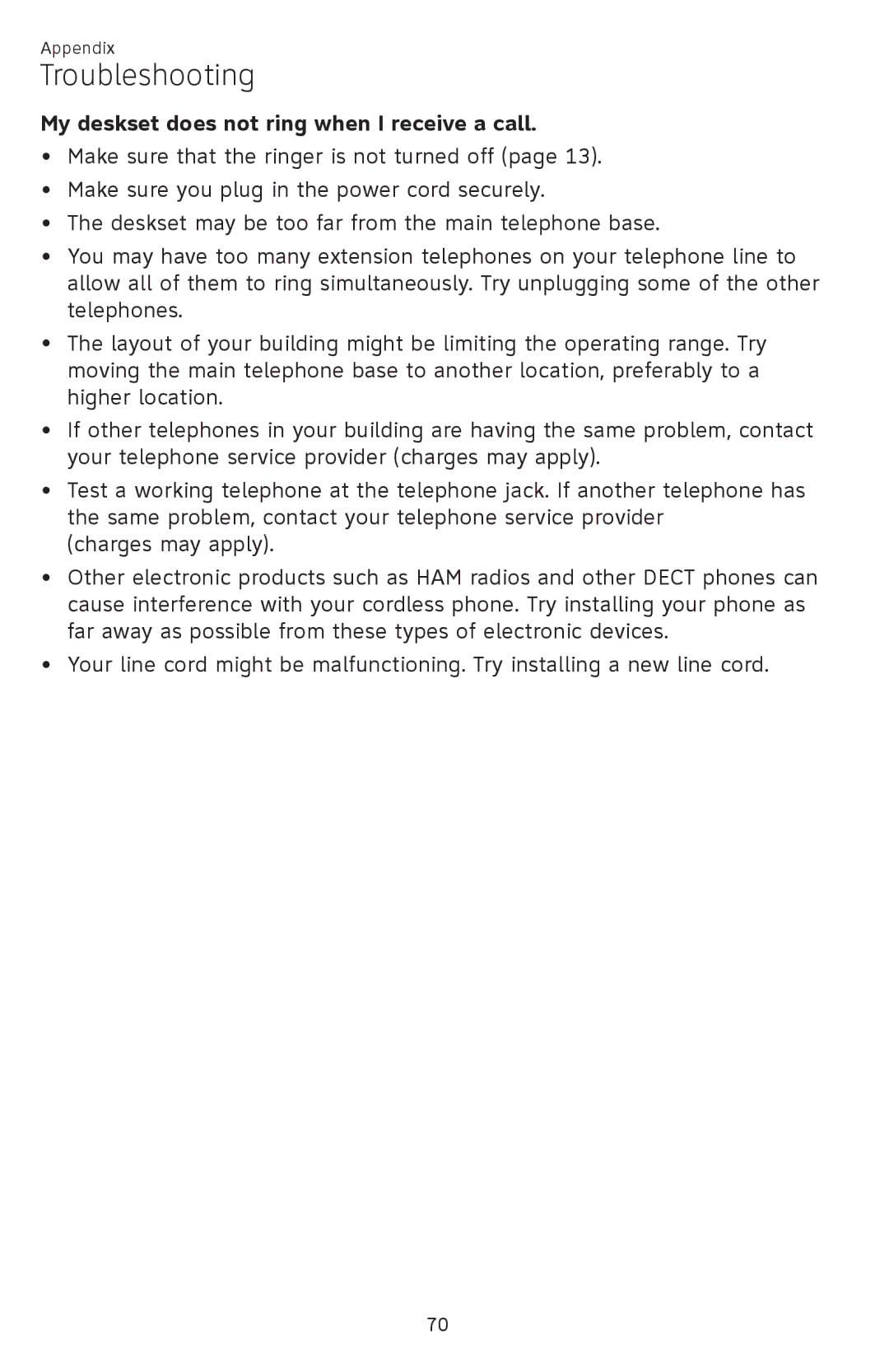 AT&T SB67148 user manual My deskset does not ring when I receive a call 