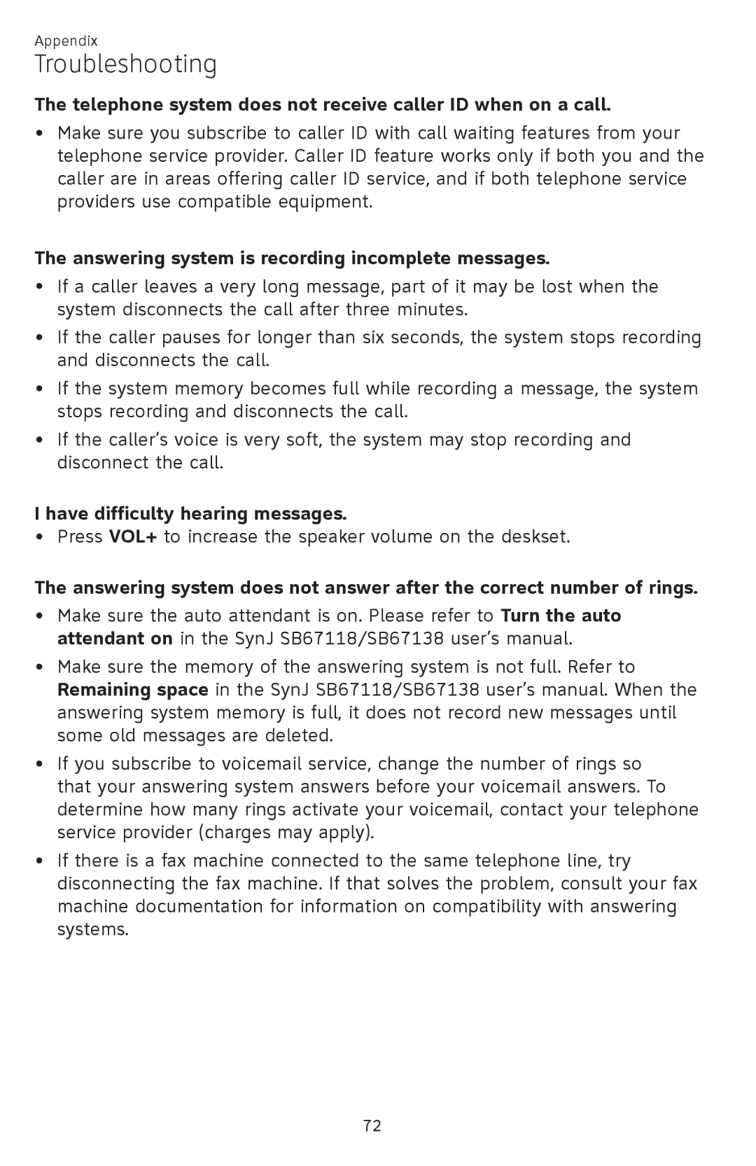 AT&T SB67148 Telephone system does not receive caller ID when on a call, Answering system is recording incomplete messages 