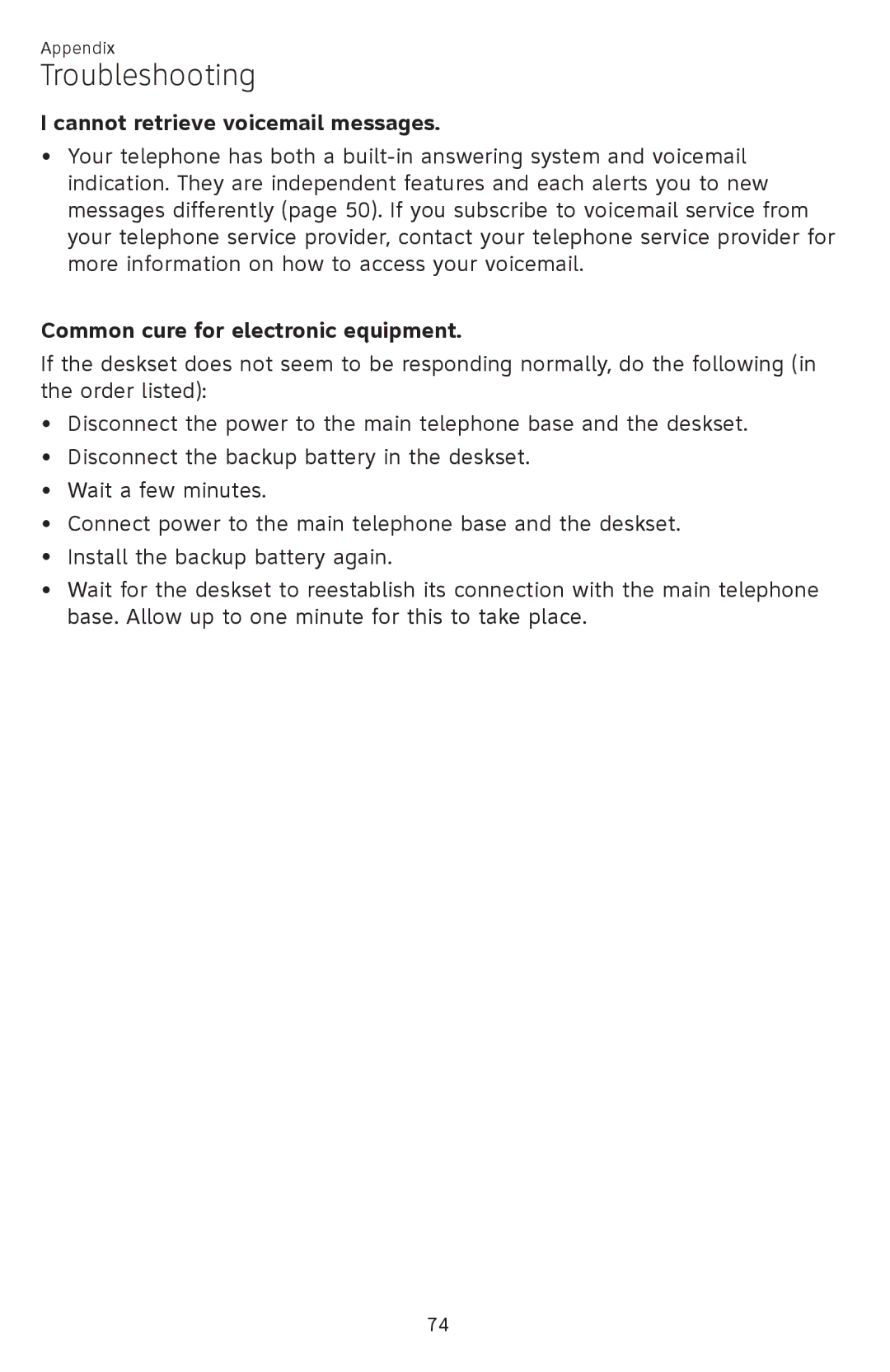 AT&T SB67148 user manual Cannot retrieve voicemail messages, Common cure for electronic equipment 