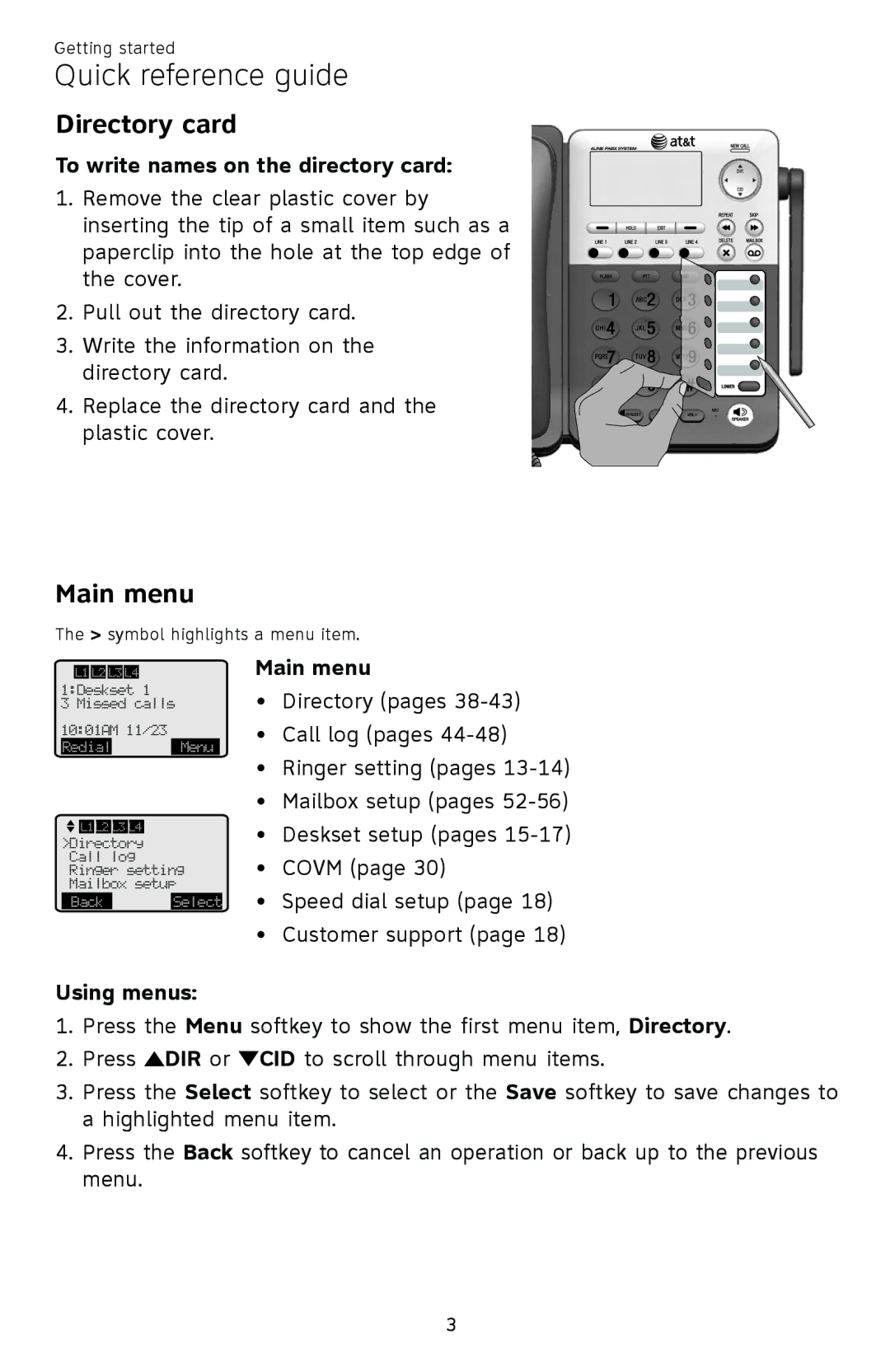 AT&T SB67148 user manual To write names on the directory card, Main menu, Using menus 