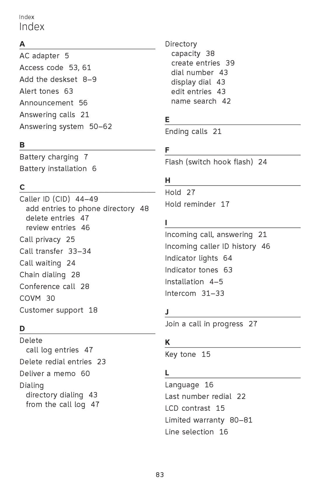 AT&T SB67148 user manual Index 