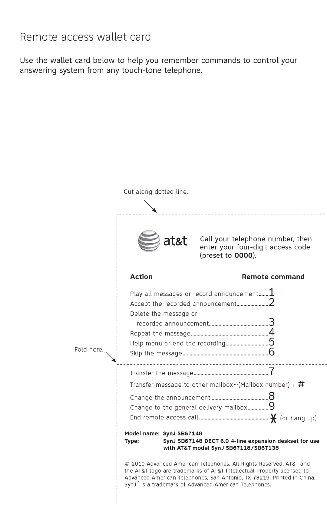 AT&T SB67148 user manual Remote access wallet card, Action Remote command 