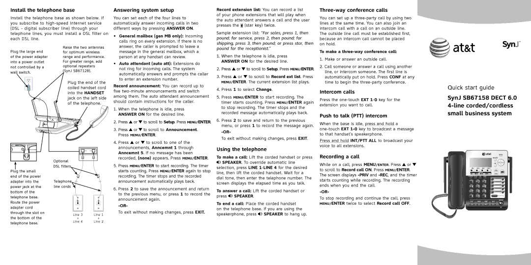 AT&T SB67158 quick start Install the telephone base, Answering system setup, Three-way conference calls, Intercom calls 