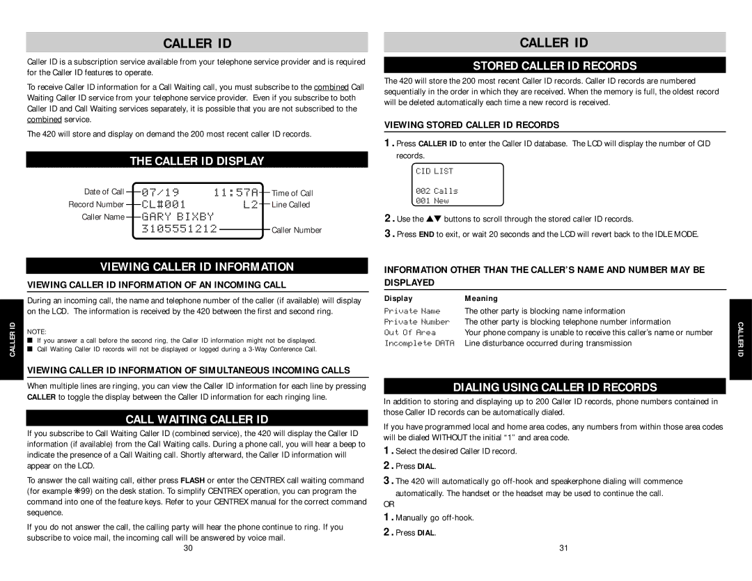 AT&T SBC-420 user manual Caller ID 