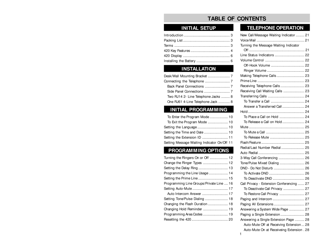 AT&T SBC-420 user manual Table of Contents 