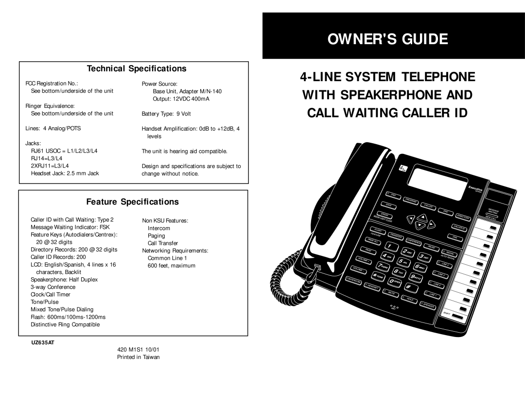 AT&T SBC-420 user manual Technical Specifications, Headset Jack 2.5 mm Jack Change without notice 