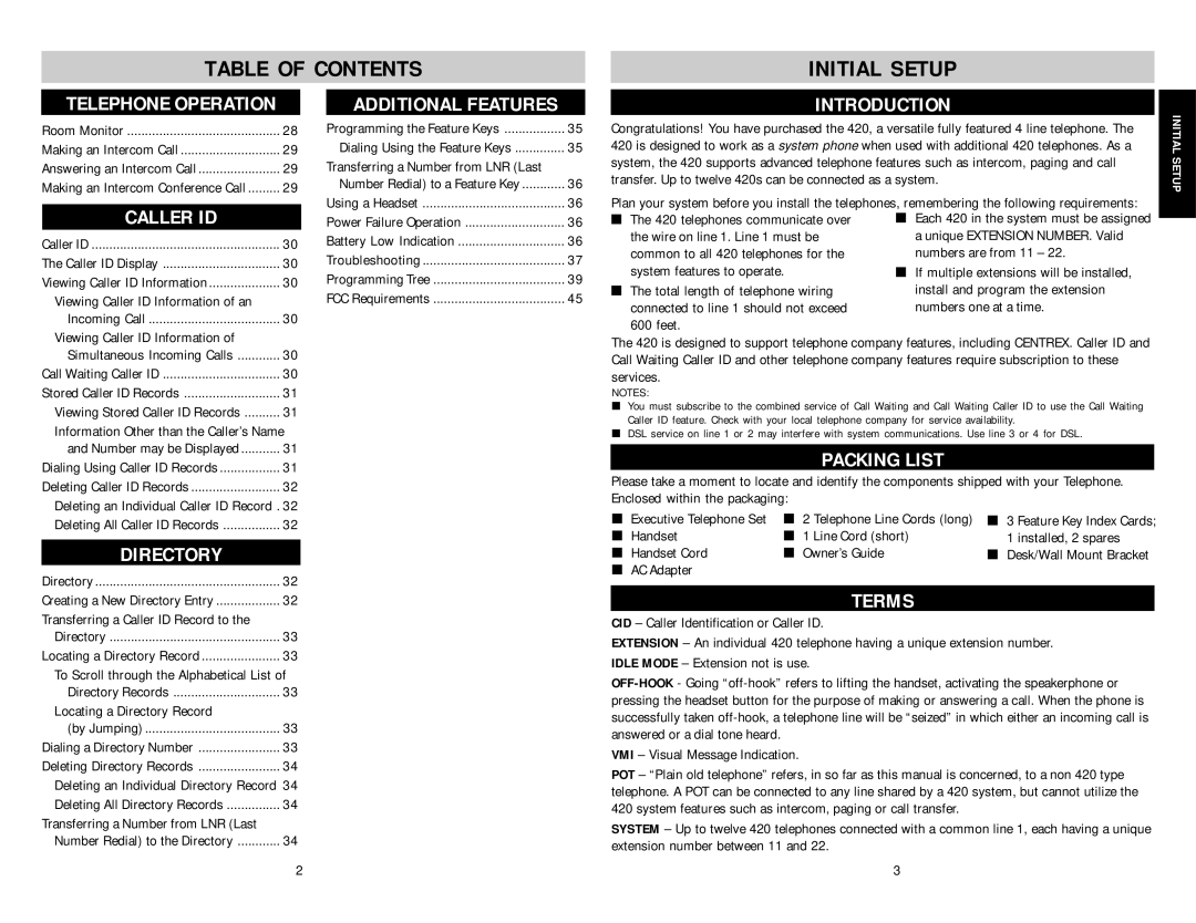 AT&T SBC-420 user manual Table of Contents Initial Setup 